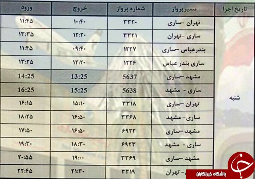 پرواز&zwnj;های شنبه ۱۶ تیرماه از فرودگاه&zwnj; های مازندران