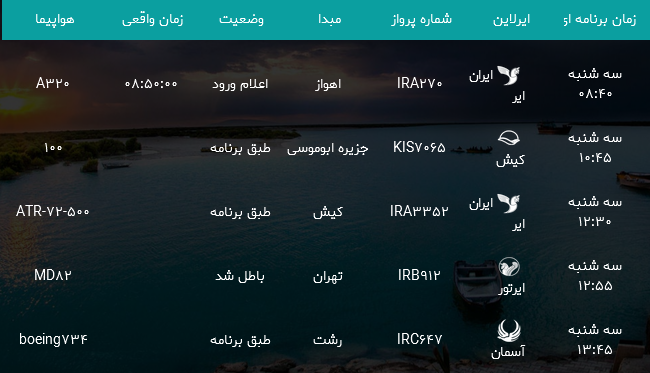 پرواز&zwnj;های فرودگاه بندرعباس شنبه ۱۶ تیر ۹۷