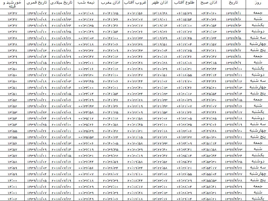اوقات شرعی تیرماه ۹۷ به افق آبادان
