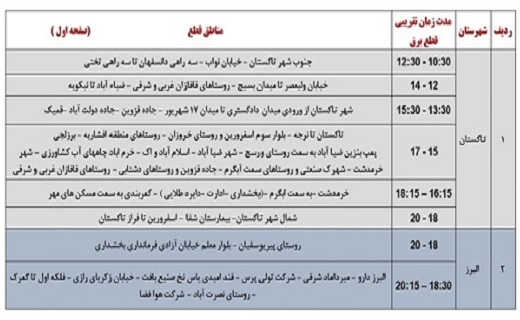 اعلام زمان قطع برق در برخی از مناطق استان قزوین