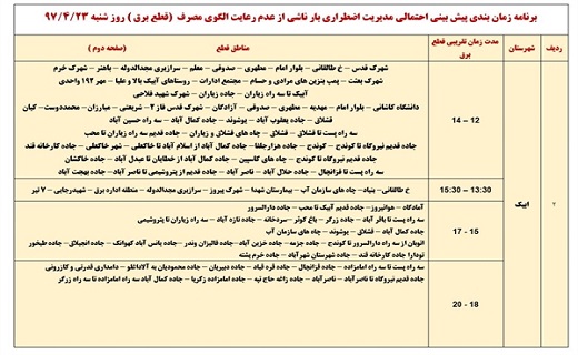 اعلام زمان قطع برق در استان قزوین