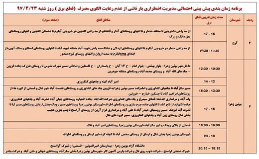 اعلام زمان قطع برق در استان قزوین