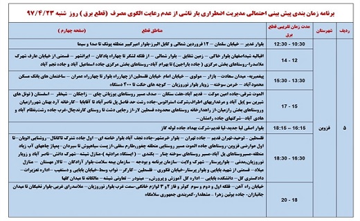 اعلام زمان قطع برق در استان قزوین