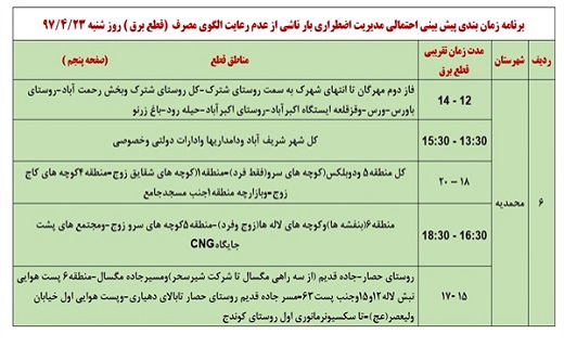 اعلام زمان قطع برق در استان قزوین