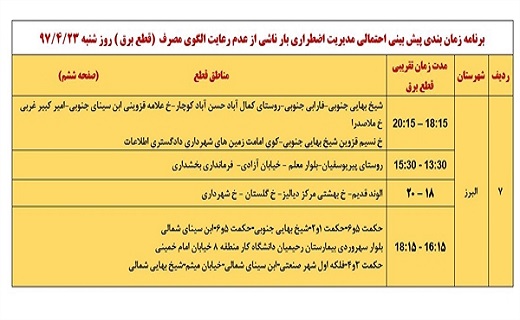 اعلام زمان قطع برق در استان قزوین