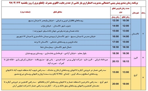 اعلام ساعت قطع برق  در برخی از مناطق استان قزوین