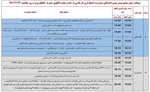 اعلام ساعت قطع برق  در برخی از مناطق استان قزوین