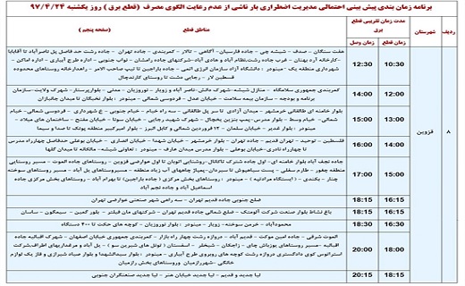 اعلام ساعت قطع برق  در برخی از مناطق استان قزوین