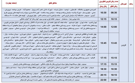 برنامه زمانبندی قطع برق در استان قزوین