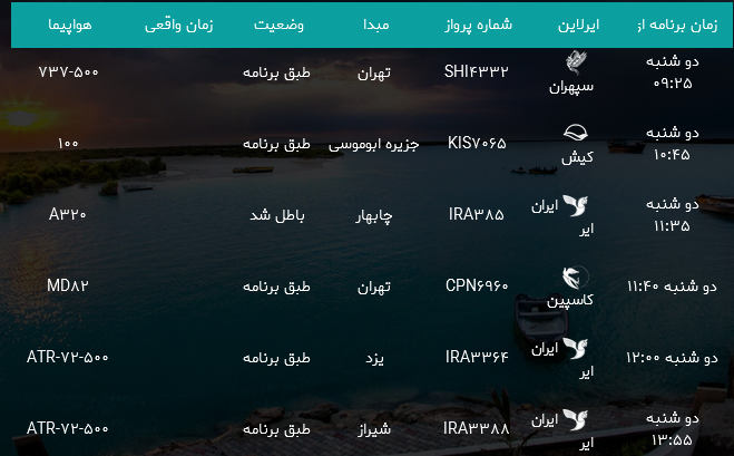 پرواز&zwnj;های فرودگاه بندرعباس دوشنبه ۲۵ تیر ۹۷
