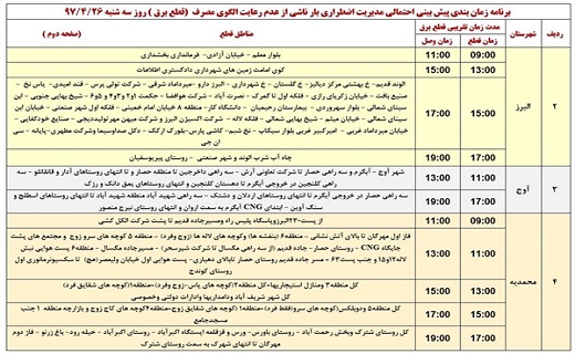 برنامه زمانبندی قطع برق در استان قزوین در بیست و ششم تیرماه
