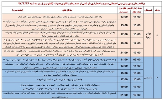 برنامه زمانبندی قطع برق در استان قزوین در بیست و ششم تیرماه