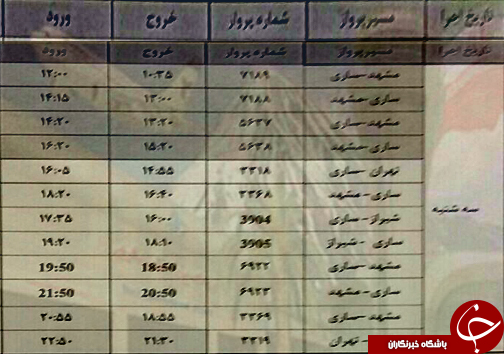 پرواز&zwnj;های سه شنبه ۲۶ تیرماه از فرودگاه&zwnj;های مازندران