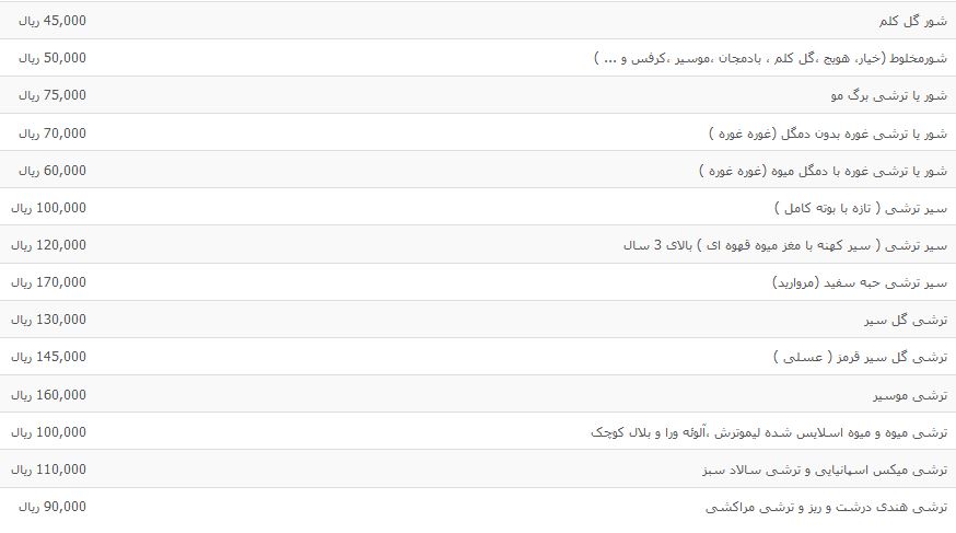نرخ مصوب انواع شور و ترشی در بازار