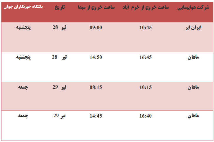 برنامه پرواز‌های فرودگاه خرم آباد از ۲۸ تا ۲۹ تیر ماه ۹۷