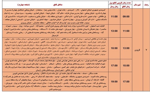 جدول خاموشی&zwnj;های برق استان قزوین