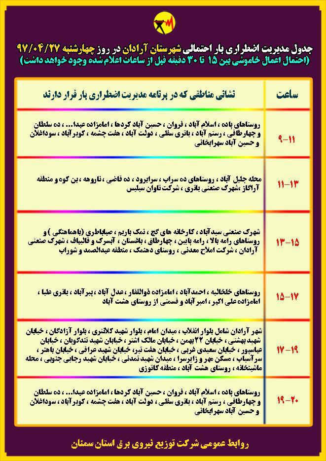 اعلام جدول خاموشی روز چهار شنبه در استان سمنان