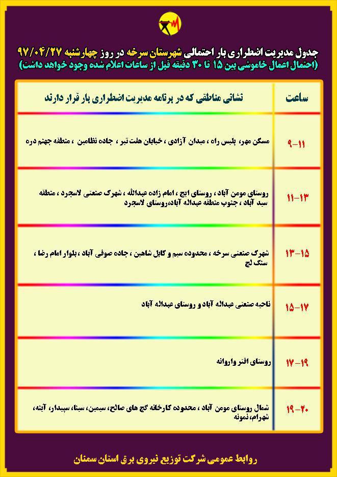 اعلام جدول خاموشی روز چهار شنبه در استان سمنان