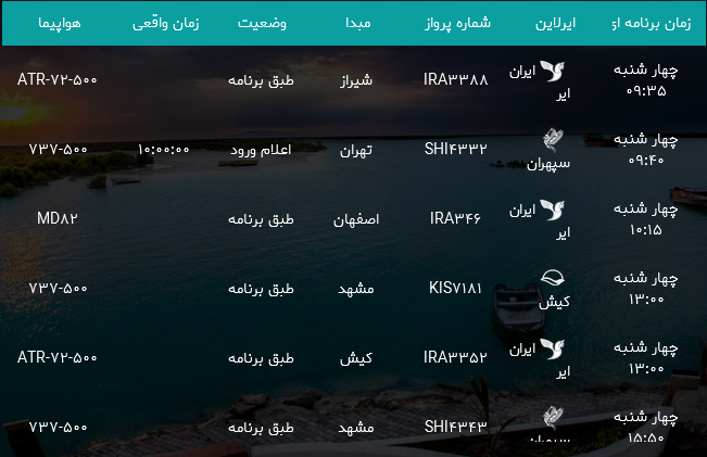 پرواز&zwnj;های فرودگاه بندرعباس چهار شنبه ۲۷ تیر ۹۷