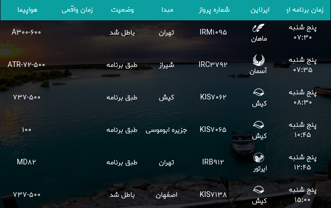 پرواز&zwnj;های فرودگاه بندرعباس پنجشنبه ۲۸ تیر ۹۷