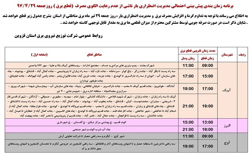 برنامه زمان بندی قطع برق در استان قزوین در 29 تیرماه