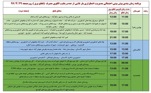 برنامه زمان بندی قطع برق در استان قزوین در 29 تیرماه