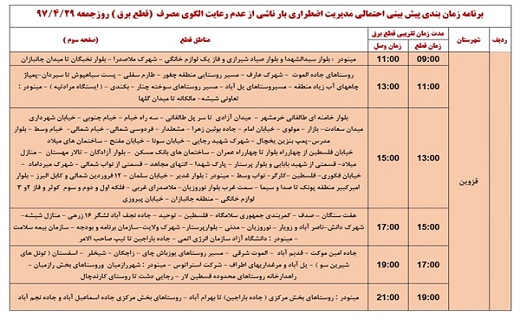 برنامه زمان بندی قطع برق در استان قزوین در 29 تیرماه