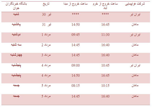 برنامه پرواز&zwnj;های فرودگاه خرم&zwnj;آباد تا ۵ مردادماه ۱۳۹۷