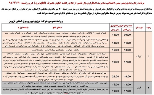 اعلام زمان قطع برق استان قزوین در سی ام تیرماه