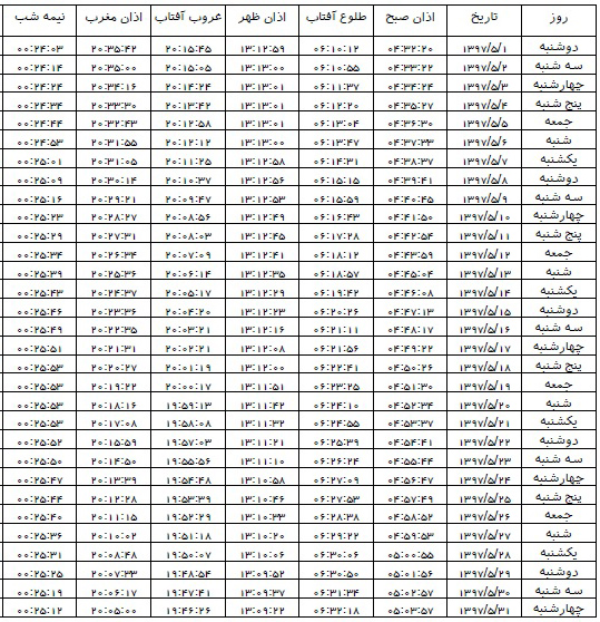 اوقات شرعی مرداد ماه ۱۳۹۷ استان قم