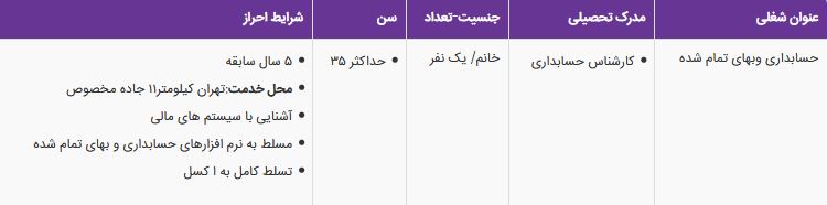 استخدام حسابداری وبهای تمام شده در یک شرکت معتبر در تهران