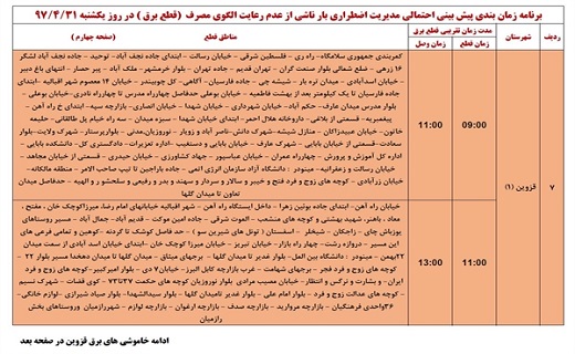 جدول زمان&zwnj;بندی قطع برق در نقاط مختلف استان قزوین