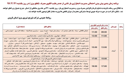 جدول زمان&zwnj;بندی قطع برق در نقاط مختلف استان قزوین