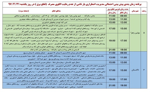 جدول زمان&zwnj;بندی قطع برق در نقاط مختلف استان قزوین