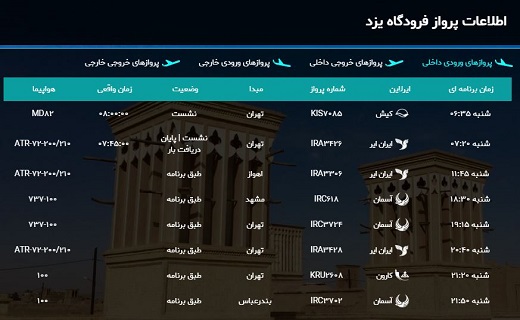 پرواز&zwnj;های فرودگاه شهید صدوقی یزد