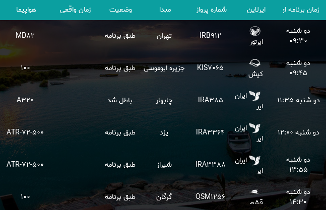 پرواز&zwnj;های فرودگاه بندرعباس دوشنبه ۱ مرداد ۹۷