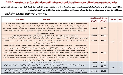 اعلام زمان قطع برق در برخی از مناطق استان قزوین