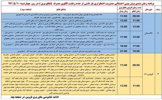 اعلام زمان قطع برق در برخی از مناطق استان قزوین