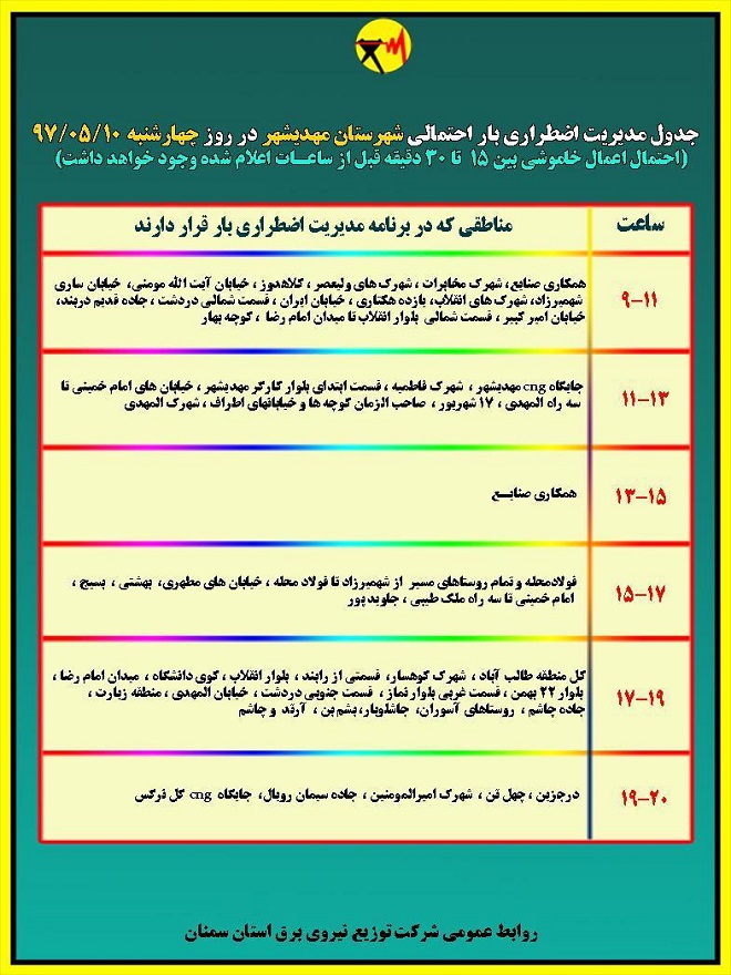 اعلام جدول خاموشی روز چهارشنبه در استان سمنان