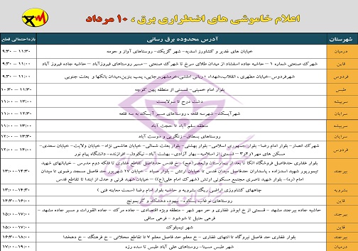 اعلام خاموشی های اضطراری برق امروز10مرداد اعلام خاموشی های اضطراری برق امروز10مرداد