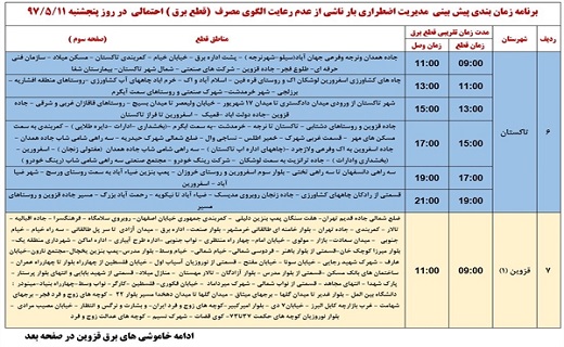 برنامه زمانبندی قطع برق در استان قزوین در یازدهم مرداد