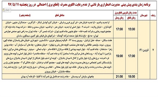 برنامه زمانبندی قطع برق در استان قزوین در یازدهم مرداد