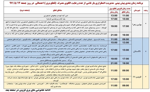اعلام زمان قطع برق استان قزوین در دوازدهم مرداد ماه