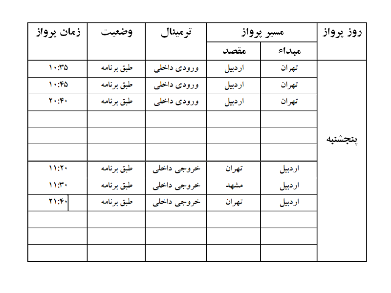 پروازهای فرودگاه اردبیل پنجشنبه 11 مرداد ماه