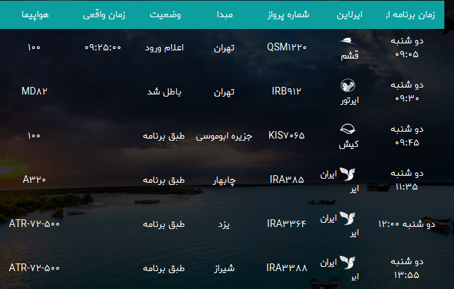 پرواز&zwnj;های فرودگاه بندرعباس دوشنبه ۱۵ مرداد ۹۷