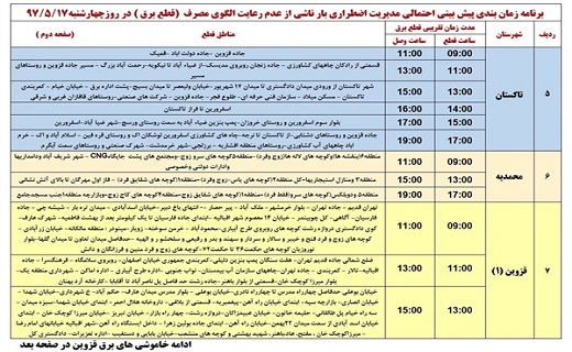 برنامه زمانبندی قطع برق در استان قزوین در هفدهم مرداد ماه برنامه زمانبندی قطع برق در استان قزوین در هفدهم مرداد ماه