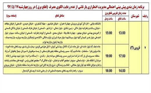 برنامه زمانبندی قطع برق در استان قزوین در هفدهم مرداد ماه برنامه زمانبندی قطع برق در استان قزوین در هفدهم مرداد ماه