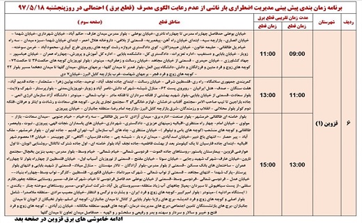 اعلام زمان قطع برق در استان قزوین