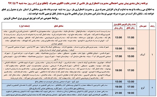 اعلام ساعت قطع برق در استان قزوین در دوم مرداد ماه