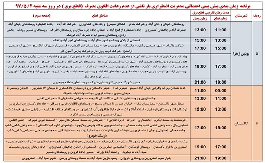 اعلام ساعت قطع برق در استان قزوین در دوم مرداد ماه